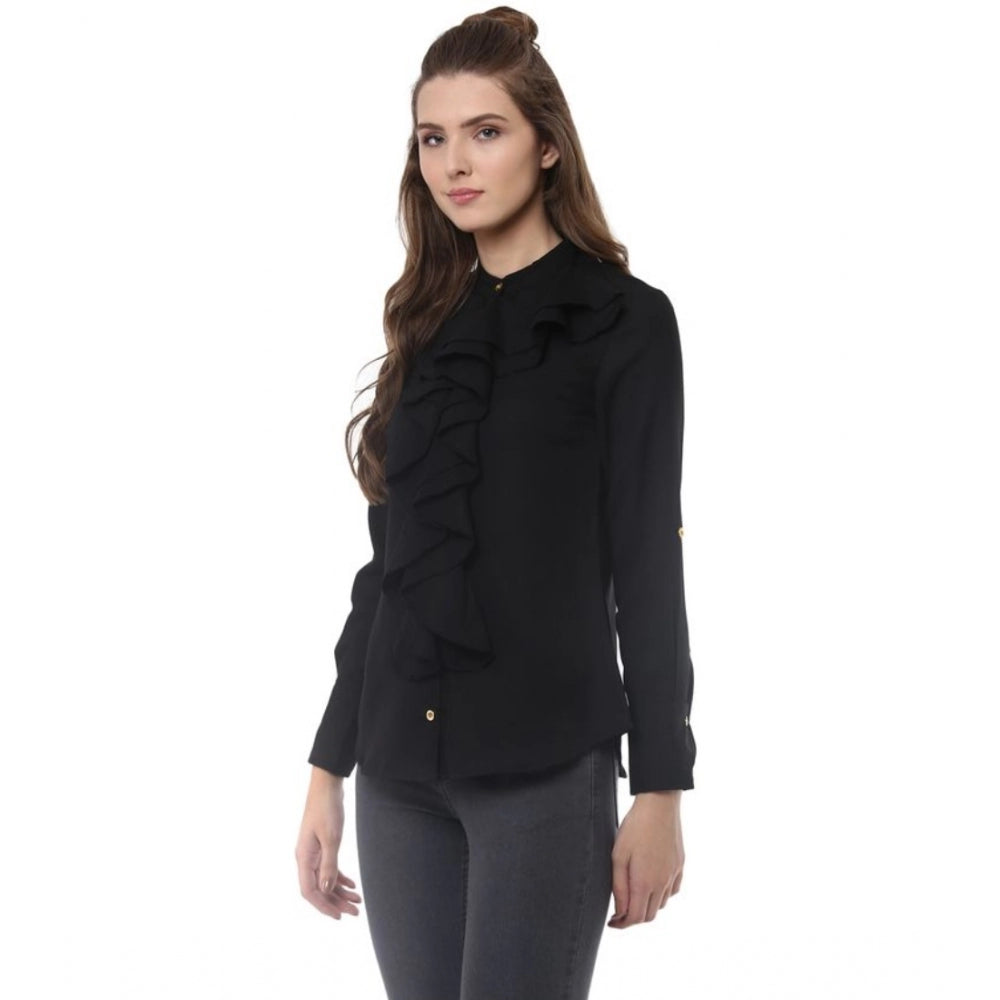 Women's Polyester Ruffled Long Sleeves Top (Black)