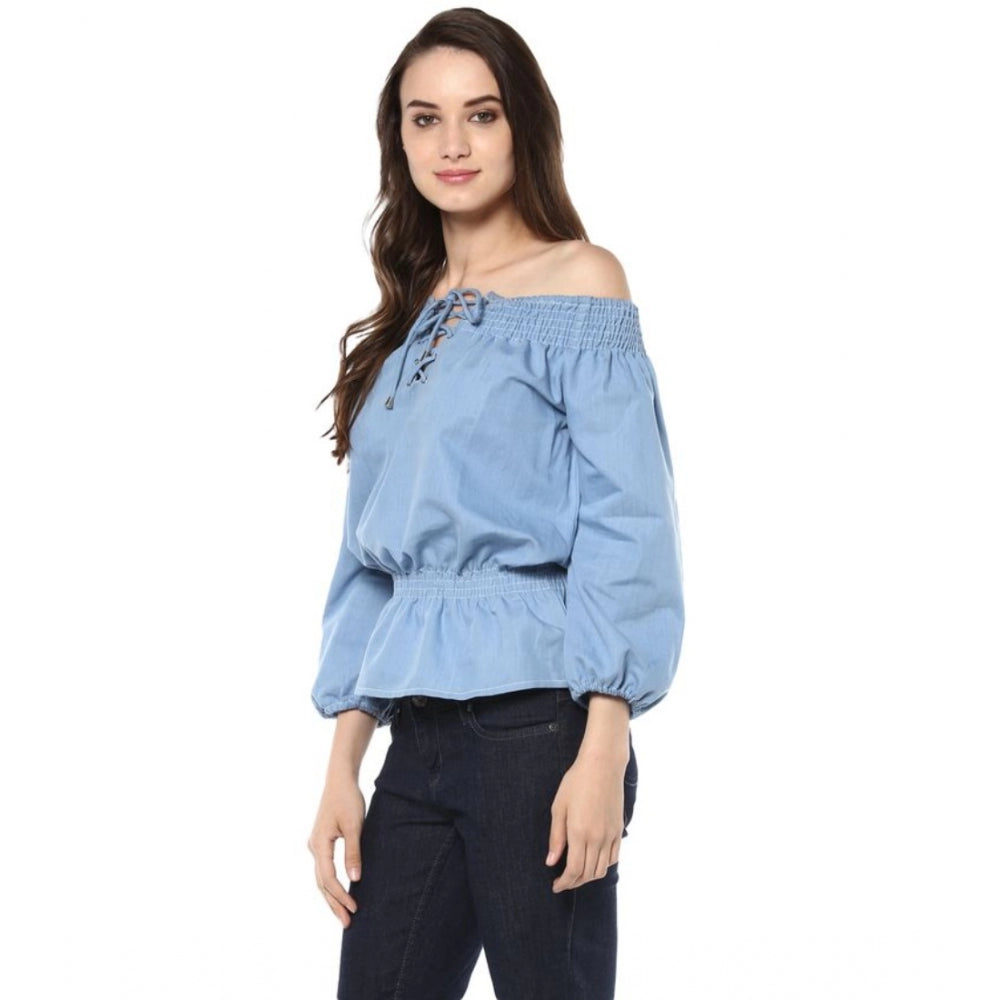 Women's Denim Solid 3-4th Sleeves Regular Top (Blue)