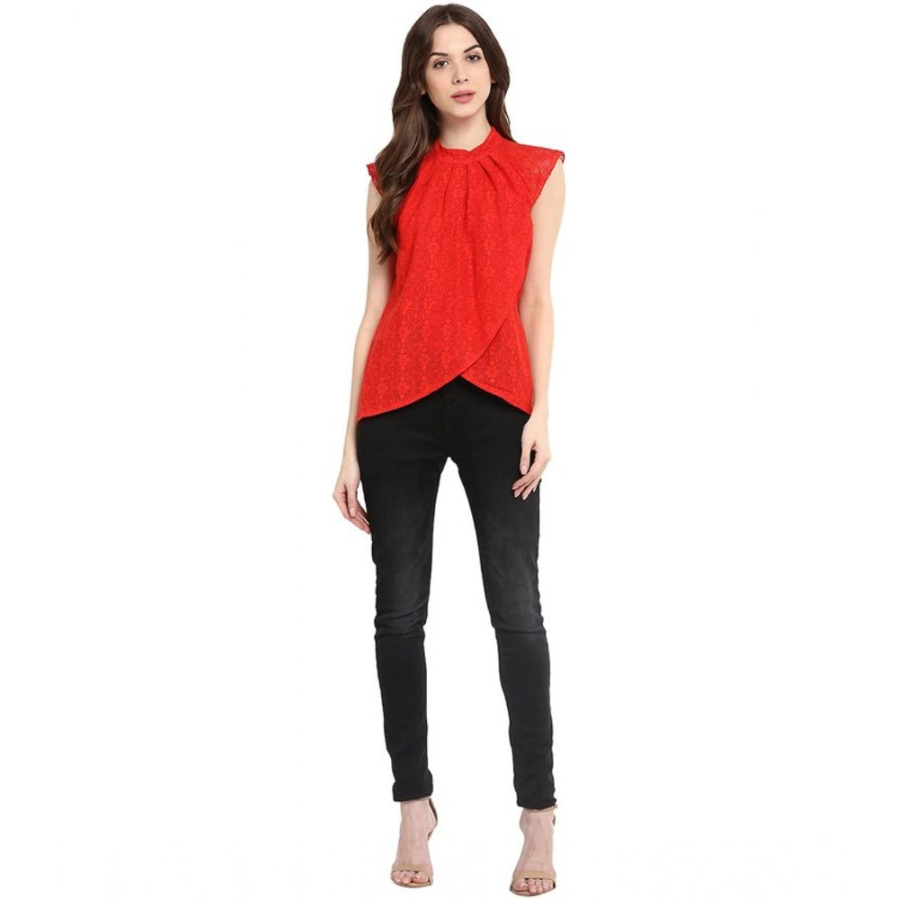 Women's Cotton Lace Embellished Cap Sleeve Regular Top (Red)