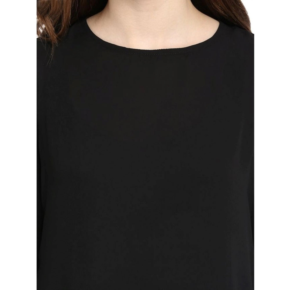 Women's Polyester Georgette Self Design Bell Sleeve Regular Top (Black)