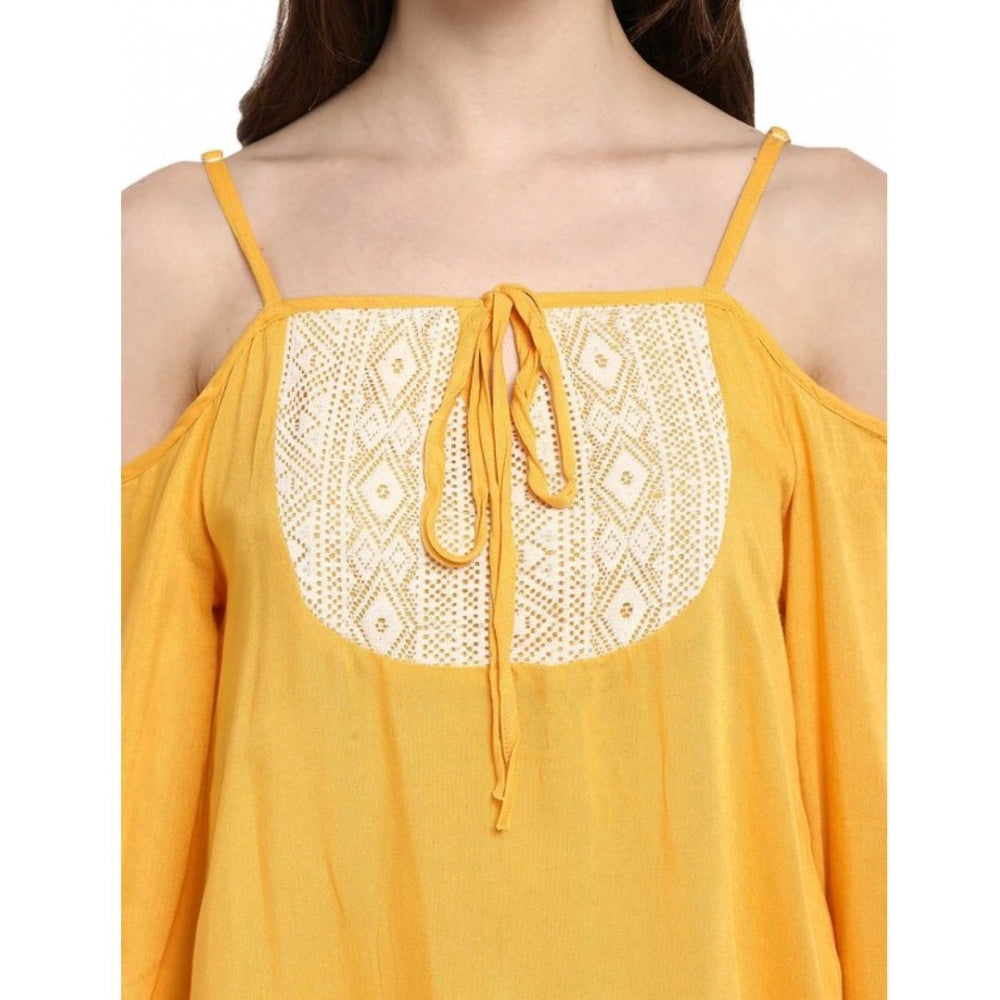 Women's Rayon Embellished Cold Shoulder Regular Top (Mustard Yellow)