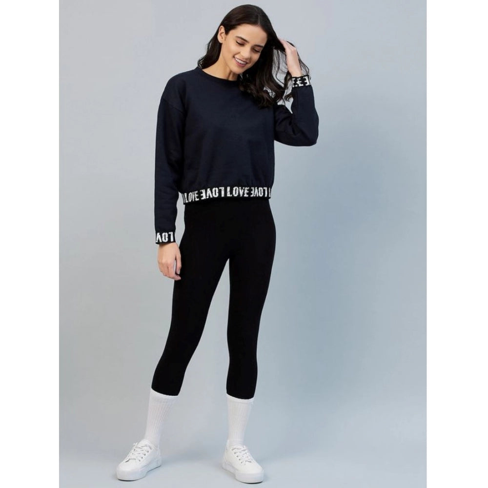 Women's Fleece Solid Long Sleeves Sweatshirt (Navy)