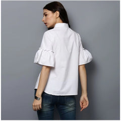 Women's Cotton Solid Bell Sleeve Top (White)