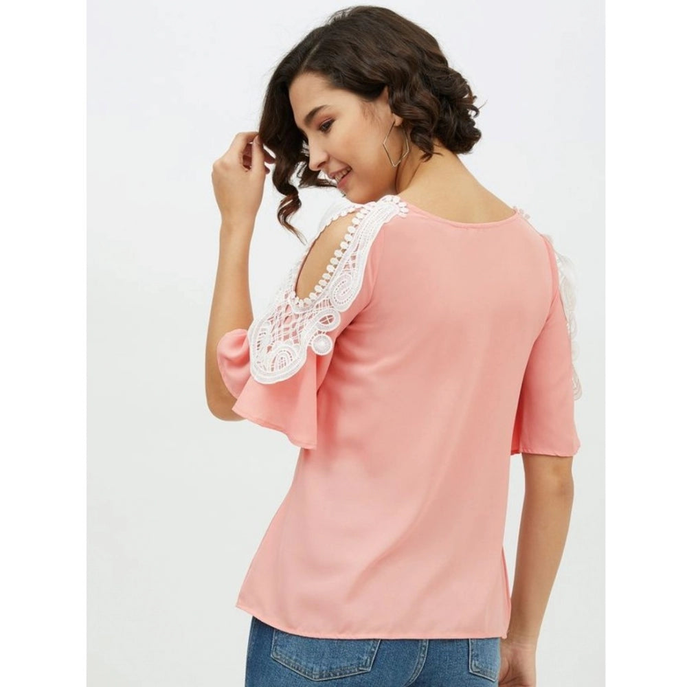 Women's Polyester Lace Inserts Cold Shoulder Top (Pink)