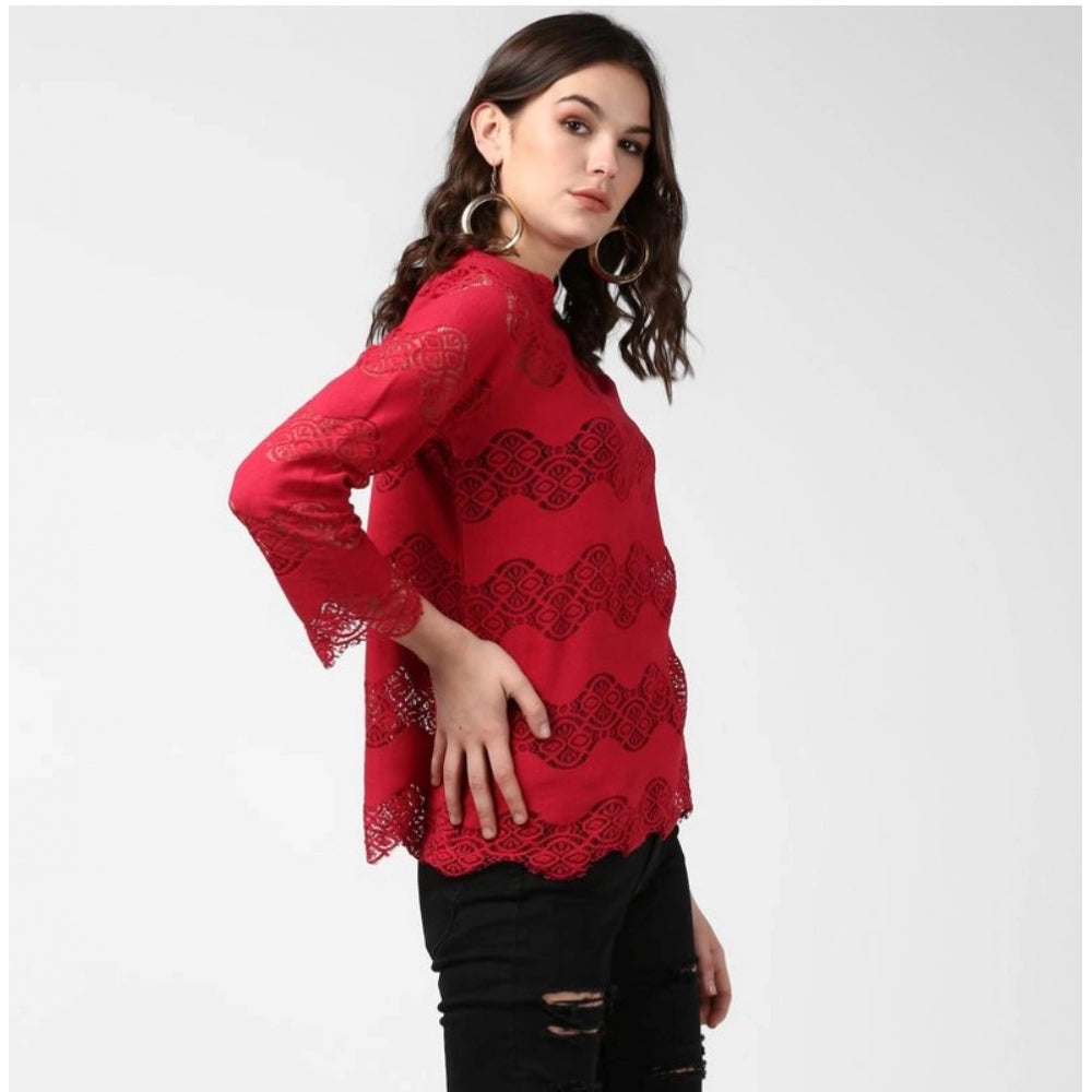 Women's Cotton Self Design Long Sleeves Top (Maroon)