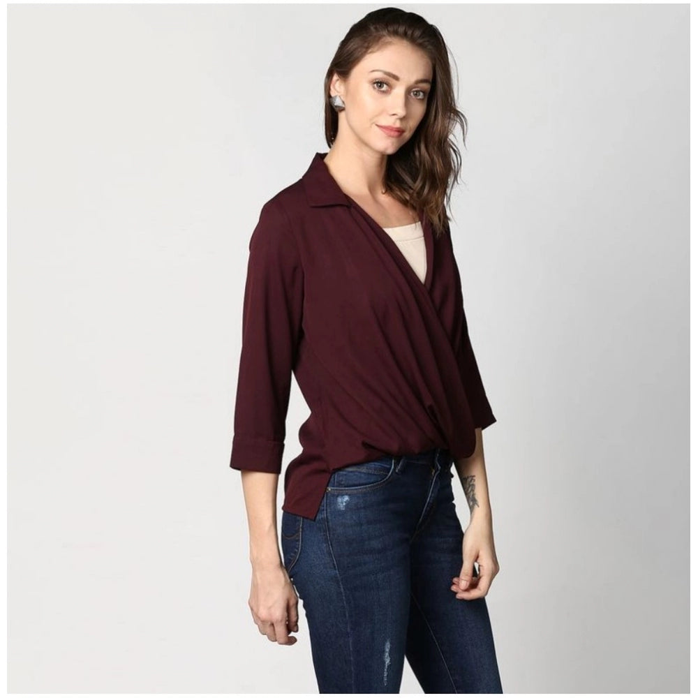 Women's Polyester Solid 3-4th Sleeves Top (Maroon)