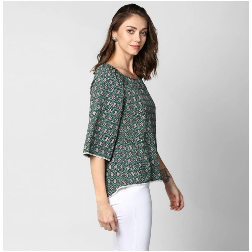 Women's Polyester Printed 3-4th Sleeves Top (Green)