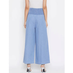 Women's Denim Solid Smocked Trousers (Blue)