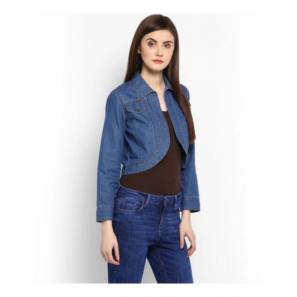 Women's Denim Solid 3-4th Sleeves Shrug (Blue)