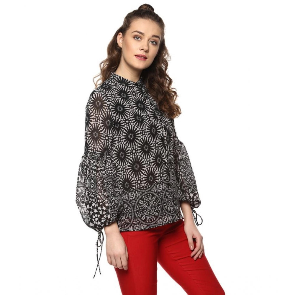 Women's Polyester Printed Balloon Sleeve Top (Black - White)