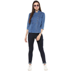 Women's Denim Solid 3-4th Sleeves Regular Top (Blue)