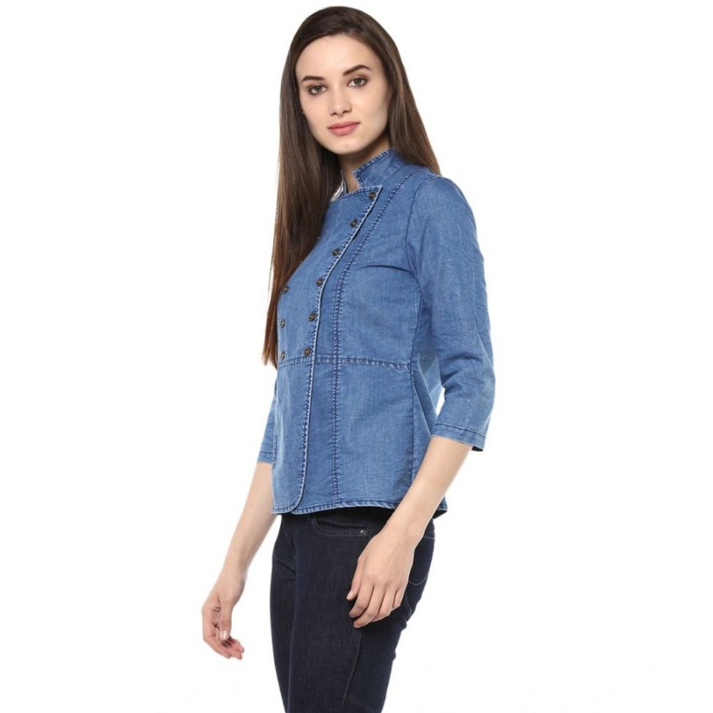 Women's Denim Solid 3-4th Sleeves Regular Top (Blue)