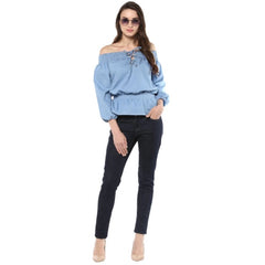 Women's Denim Solid 3-4th Sleeves Regular Top (Blue)