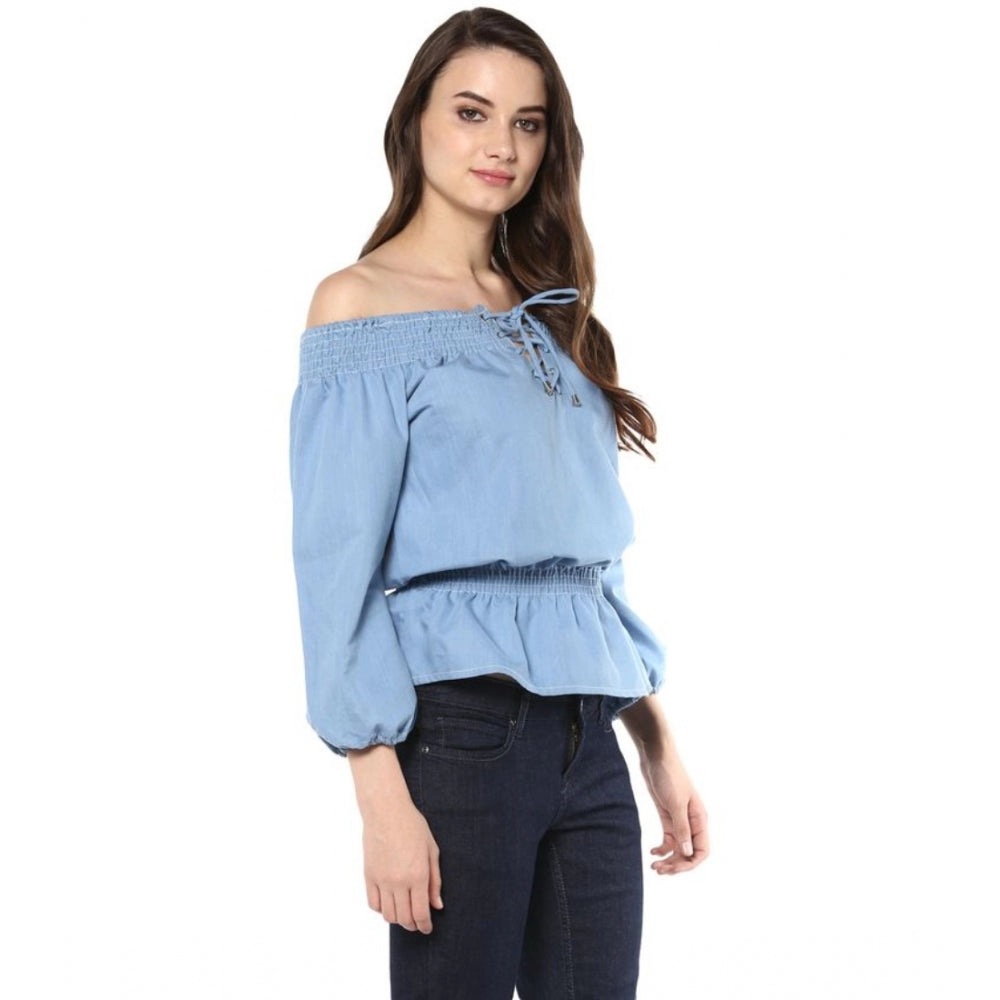 Women's Denim Solid 3-4th Sleeves Regular Top (Blue)