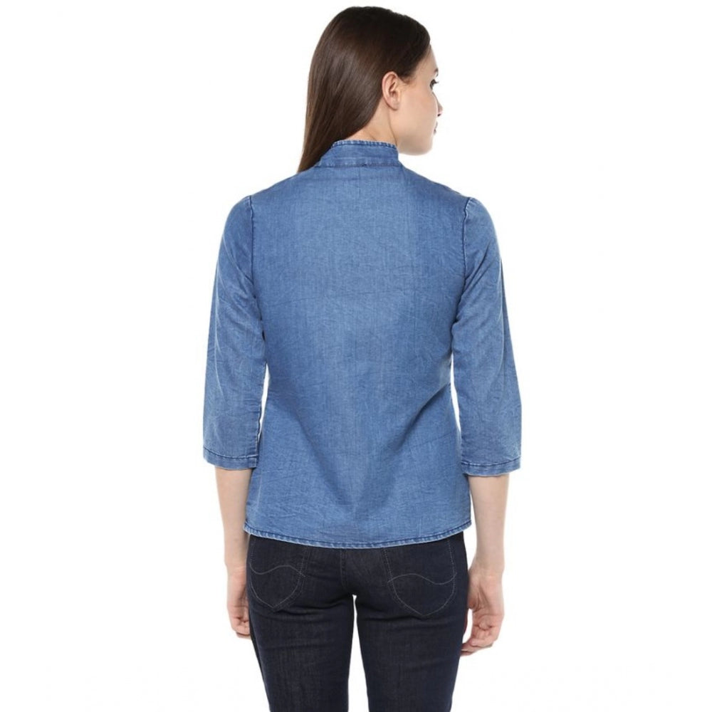 Women's Denim Solid 3-4th Sleeves Regular Top (Blue)