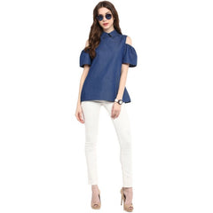 Women's Denim Solid Cold Shoulder Regular Top (Blue)