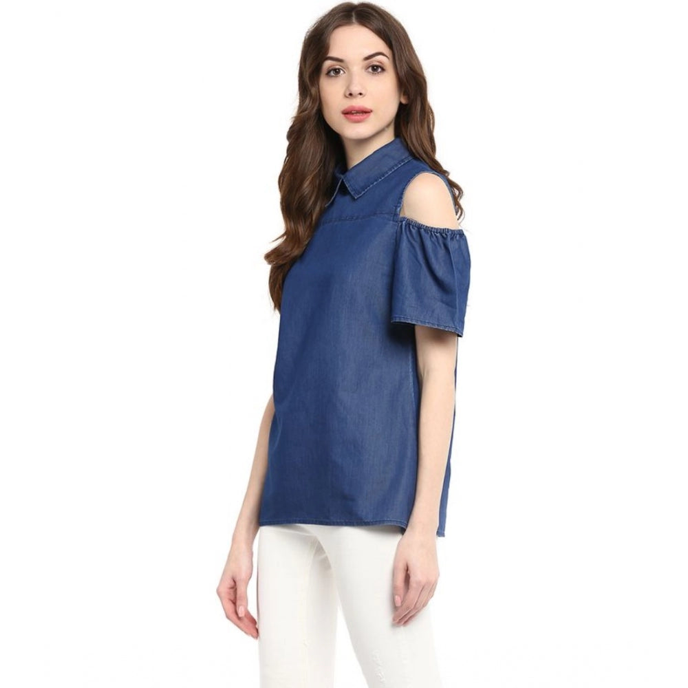 Women's Denim Solid Cold Shoulder Regular Top (Blue)