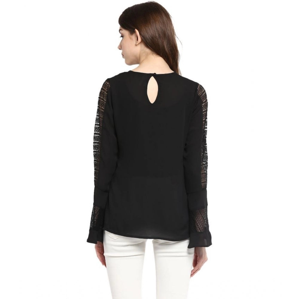 Women's Polyester Georgette Self Design Bell Sleeve Regular Top (Black)