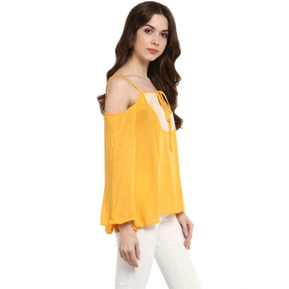 Women's Rayon Embellished Cold Shoulder Regular Top (Mustard Yellow)