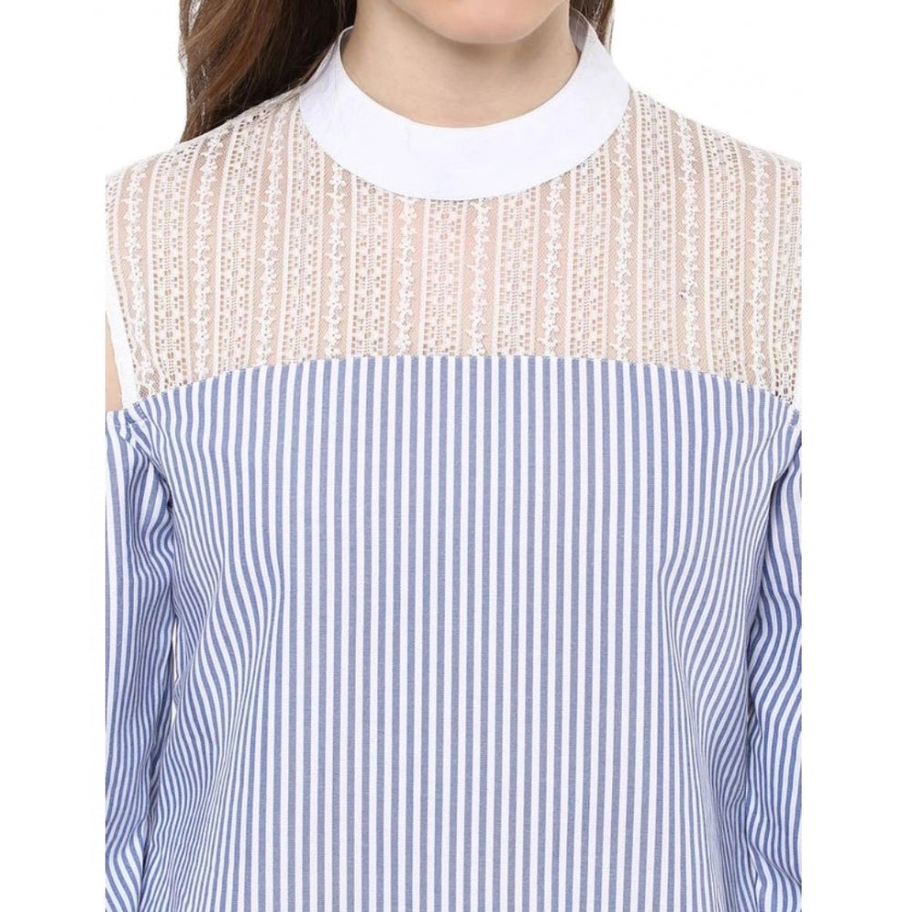 Women's Cotton Striped Cold Shoulder Top (Blue)