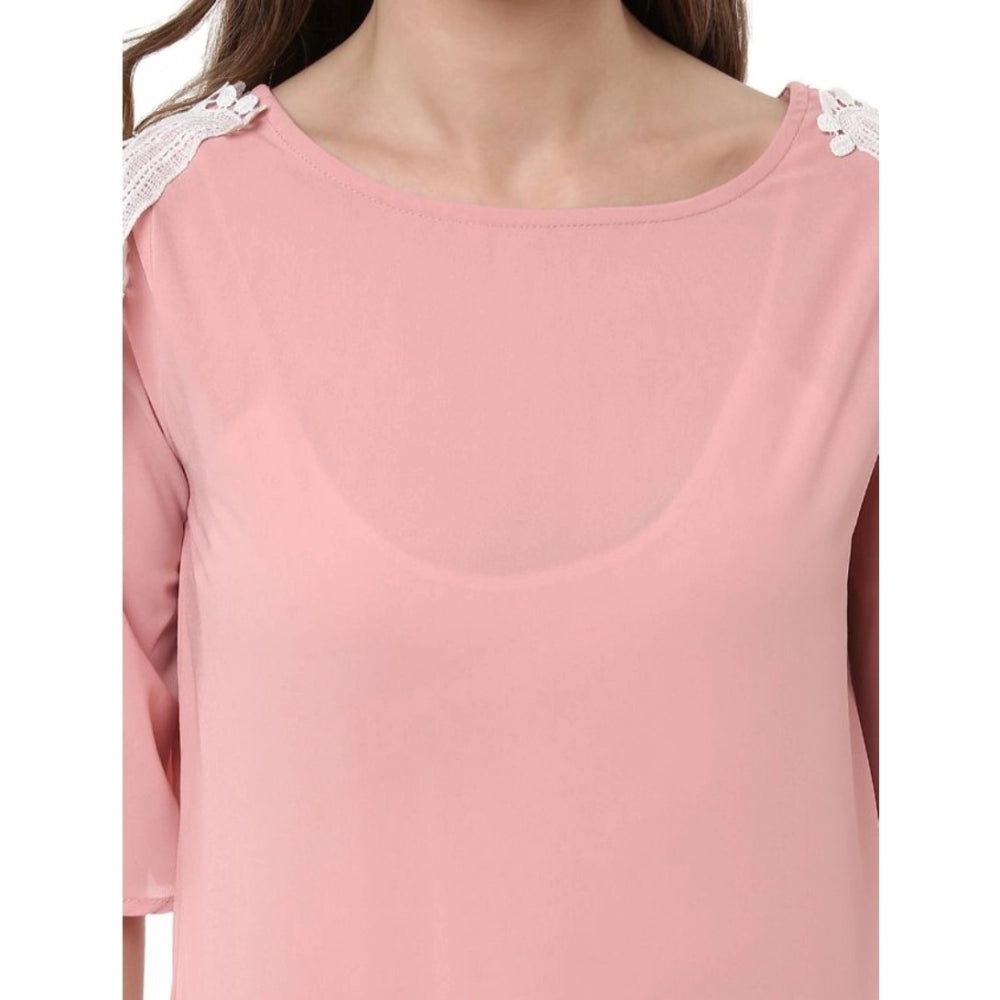 Women's Polyester Lace Inserts Half Sleeve Top (Pink)