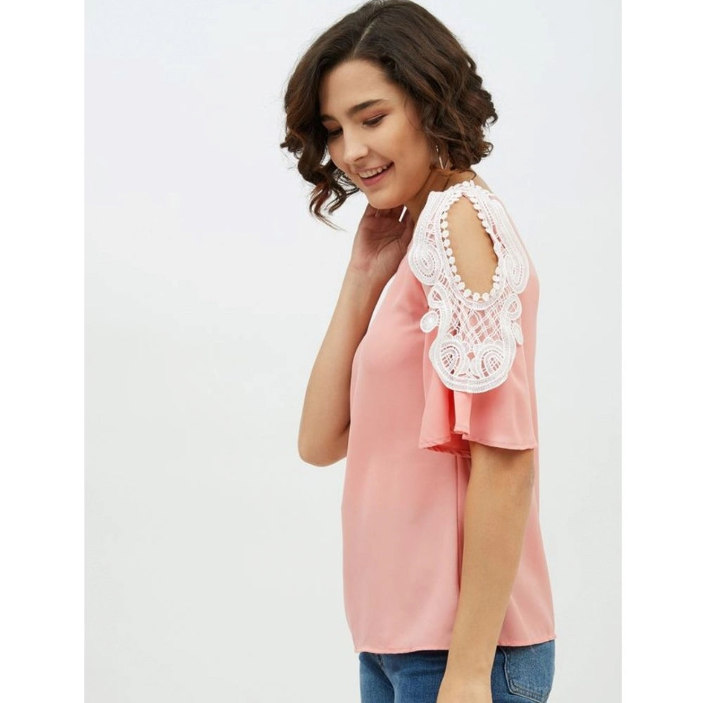 Women's Polyester Lace Inserts Cold Shoulder Top (Pink)