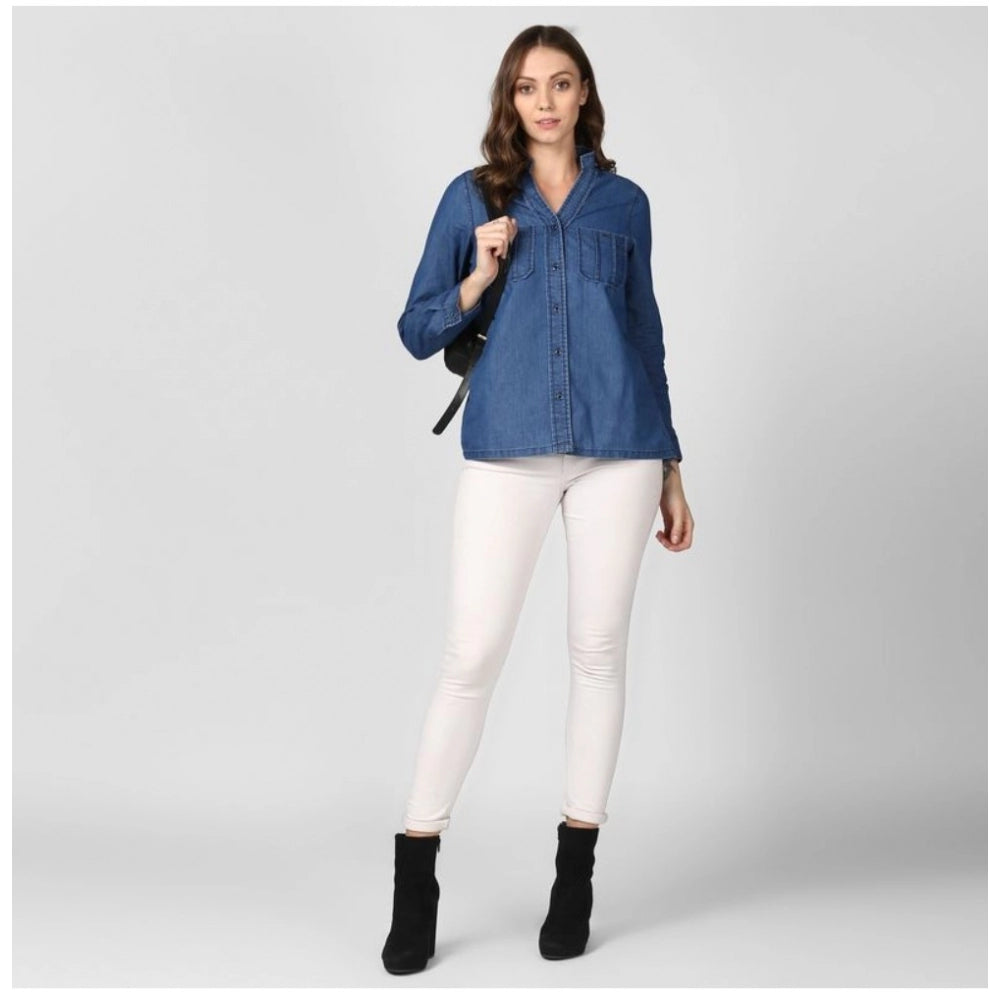 Women's Denim Solid Long Sleeves Top (Blue)