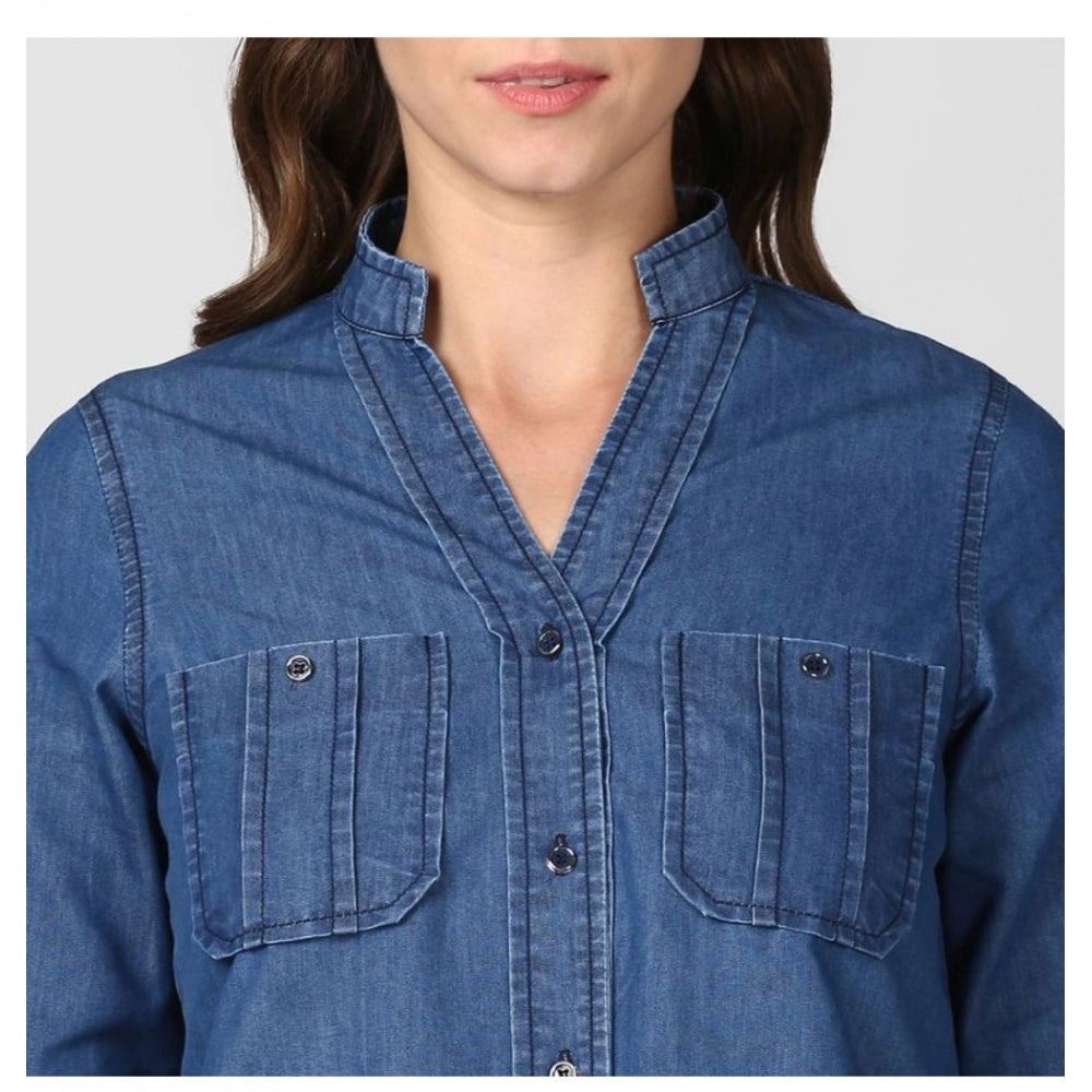 Women's Denim Solid Long Sleeves Top (Blue)