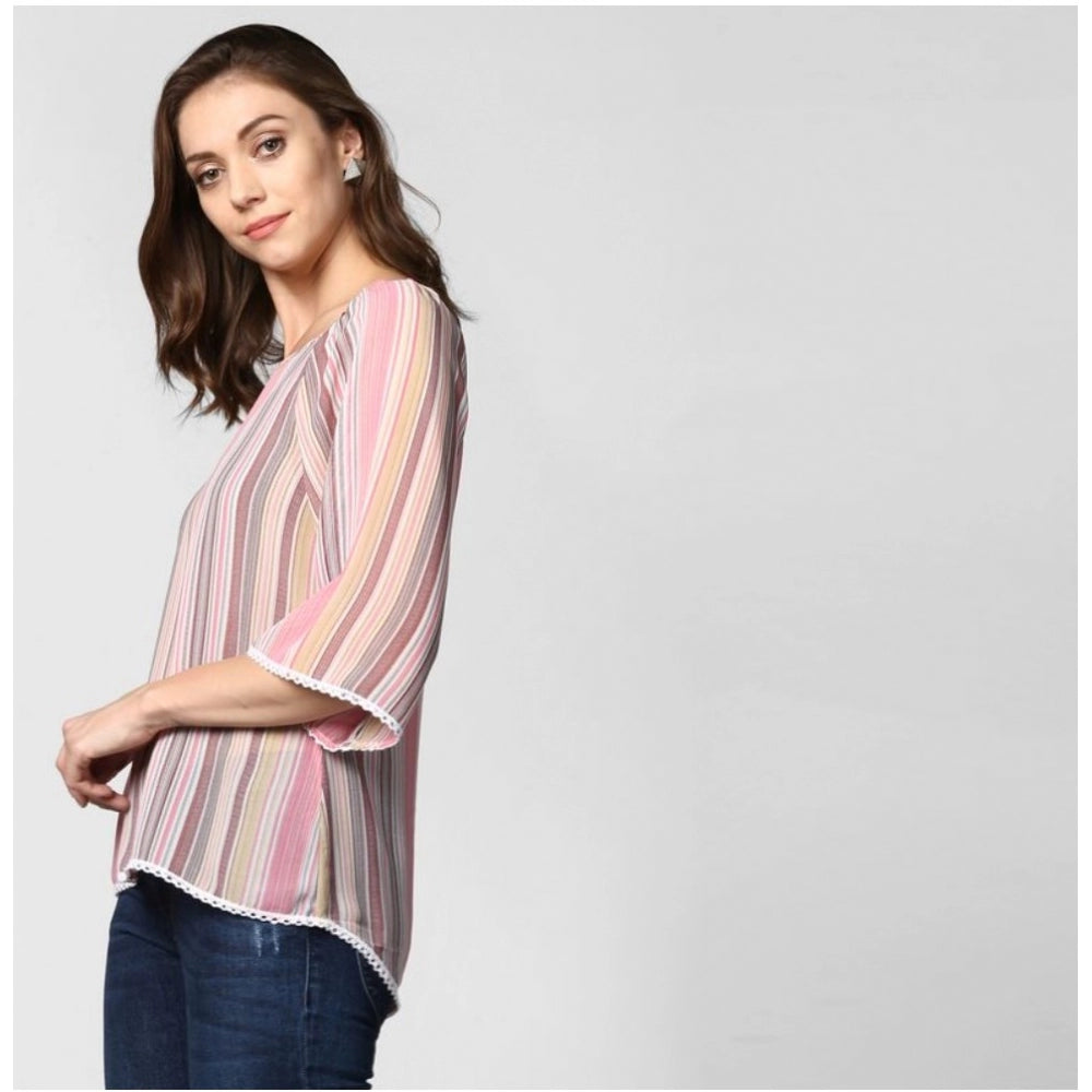 Women's Polyester Striped 3-4th Sleeves Top (Pink)