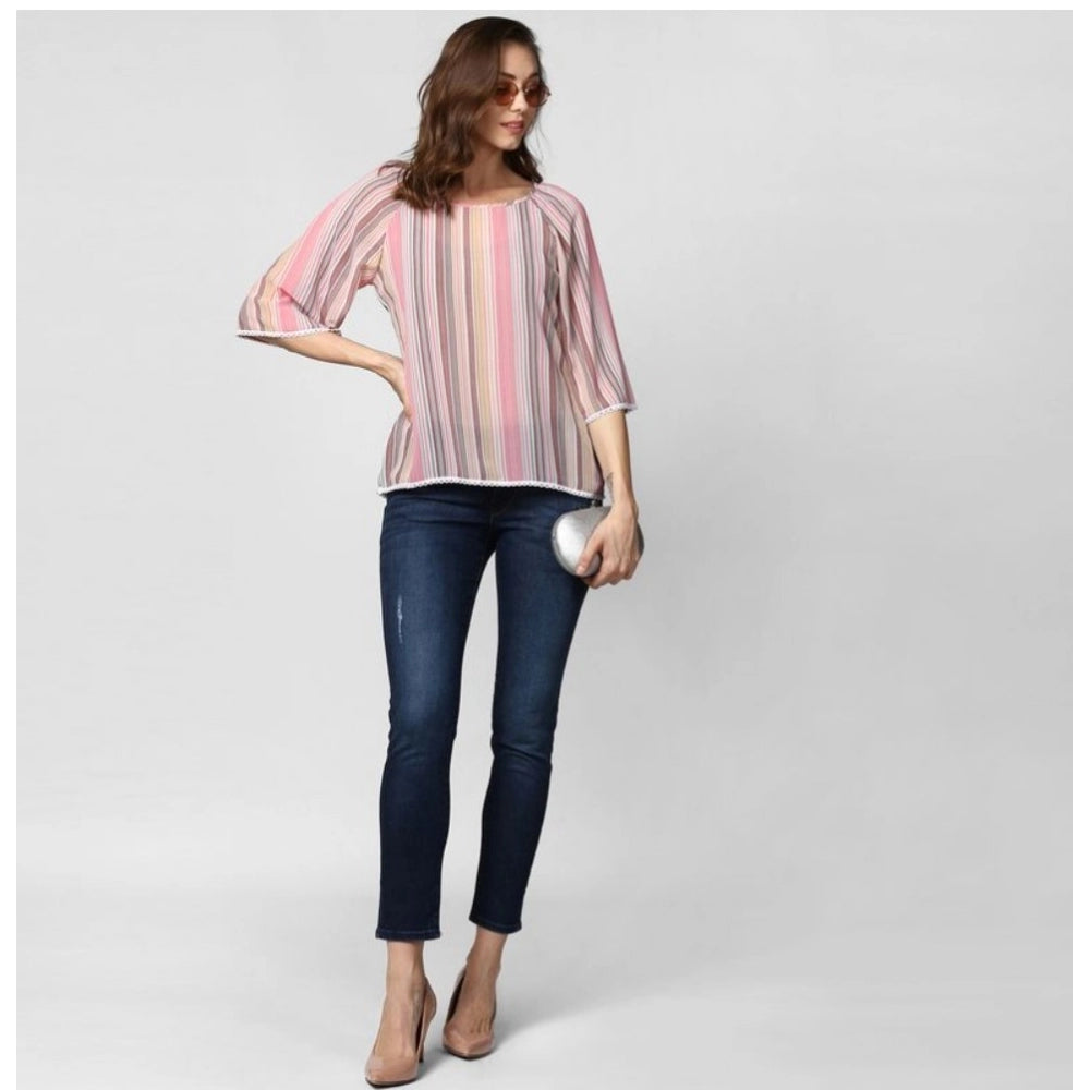 Women's Polyester Striped 3-4th Sleeves Top (Pink)