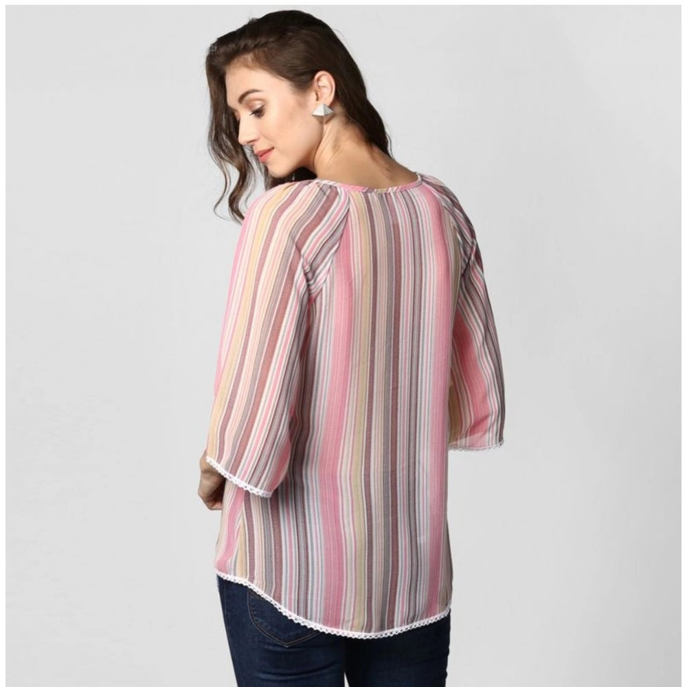 Women's Polyester Striped 3-4th Sleeves Top (Pink)