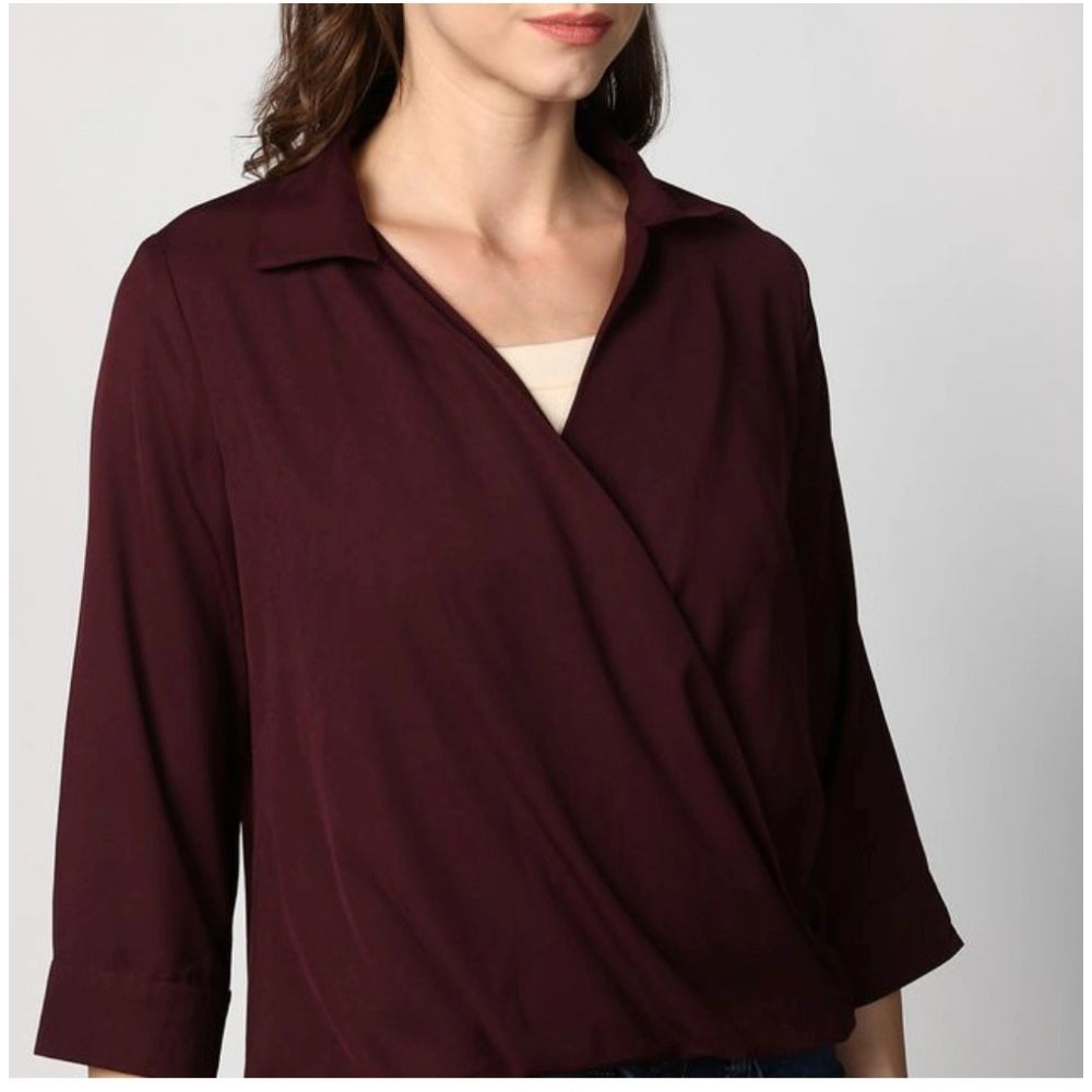 Women's Polyester Solid 3-4th Sleeves Top (Maroon)