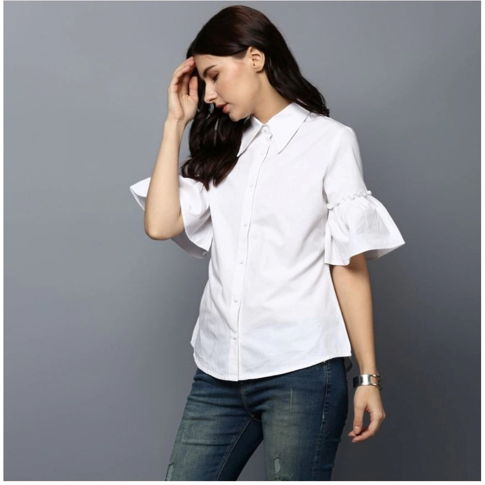 Women's Cotton Solid Bell Sleeve Top (White)