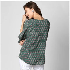 Women's Polyester Printed 3-4th Sleeves Top (Green)