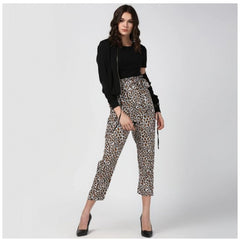 Women's Polyester Animal Print Elasticated Trousers (White - Yellow)