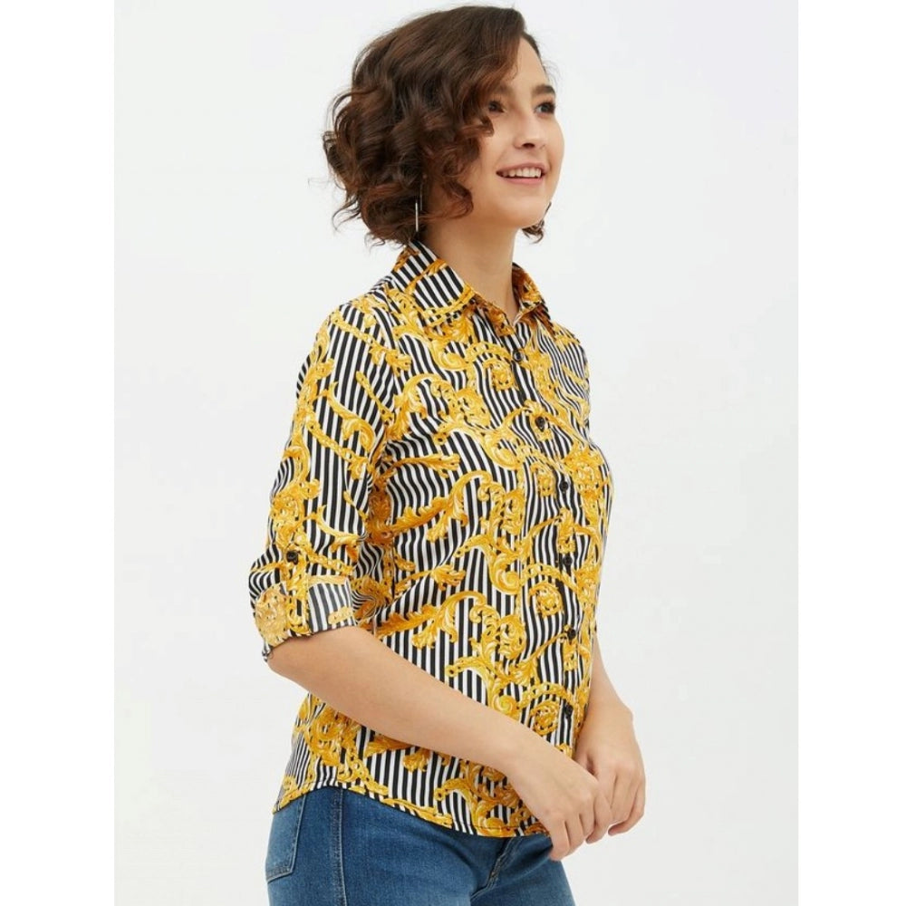 Women's Polyester Printed Roll Up Sleeve Standard Length Shirt (Mustared)