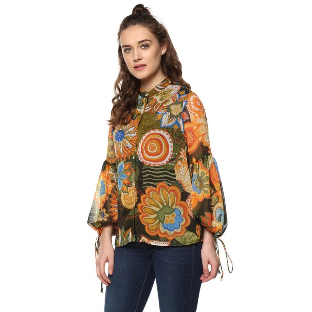 Women's Polyester Floral Balloon Sleeve Top (Mustard - Olive)