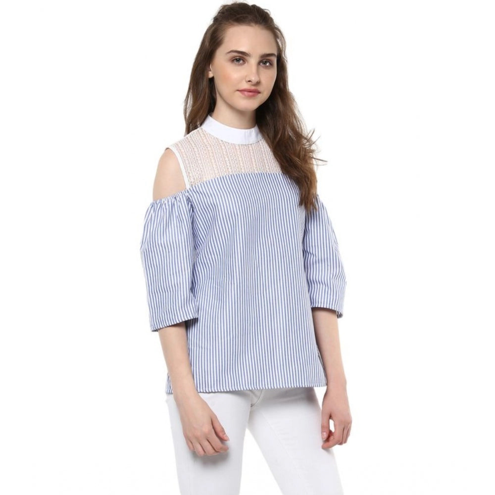 Women's Cotton Striped Cold Shoulder Top (Blue)