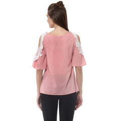 Women's Polyester Lace Inserts Half Sleeve Top (Pink)