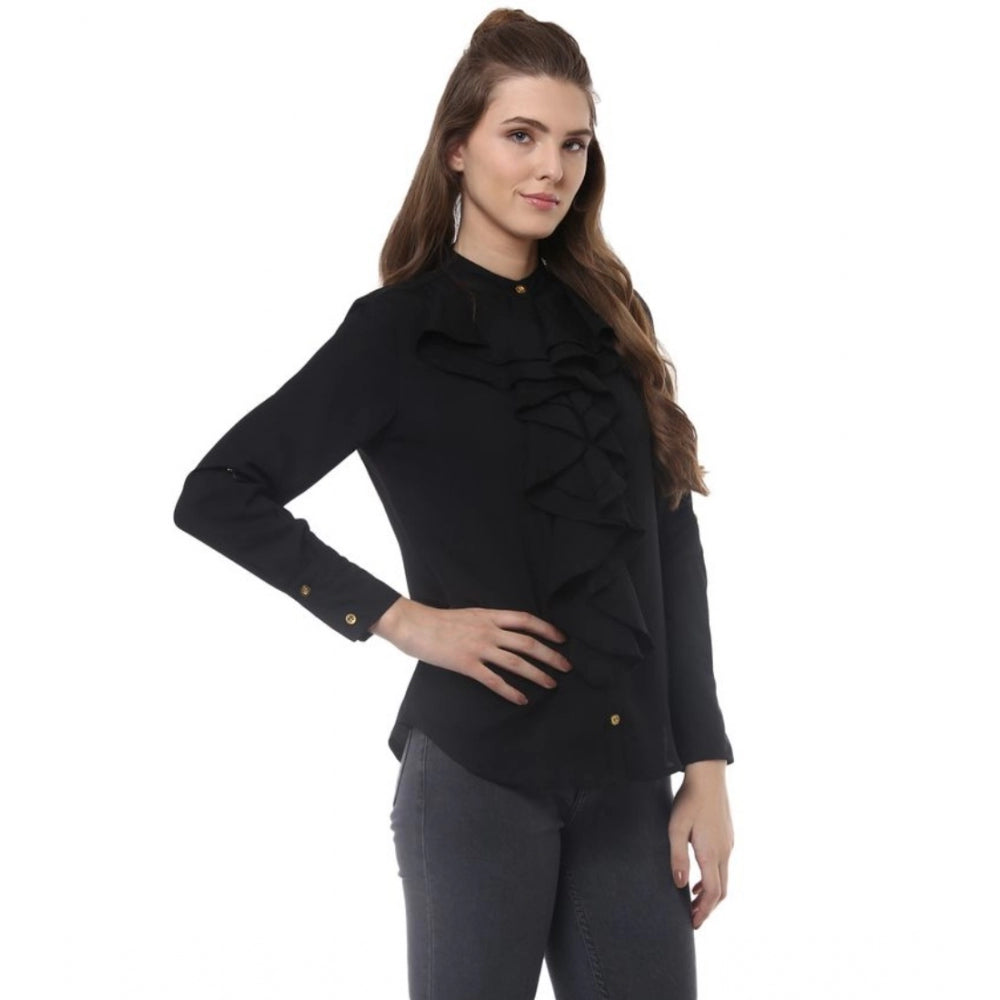 Women's Polyester Ruffled Long Sleeves Top (Black)