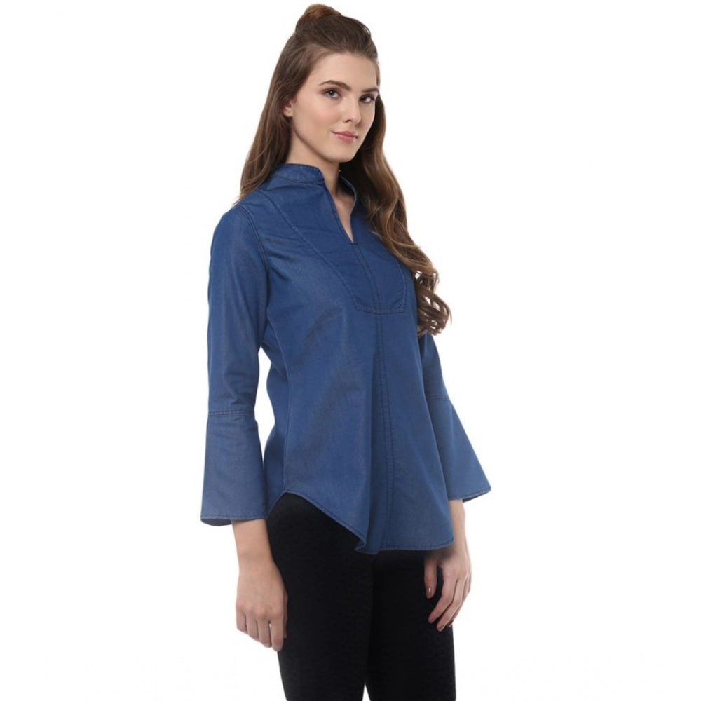 Women's Denim Solid Bell Sleeve Regular Top (Blue Denim)