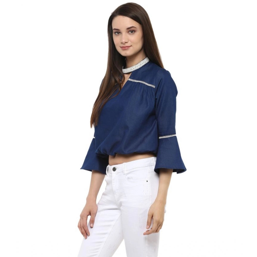 Women's Polyester Solid Bell Sleeve Regular Top (Blue)