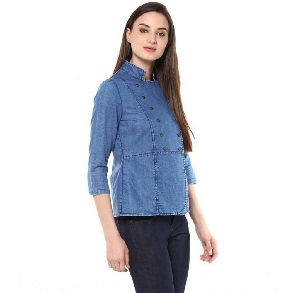 Women's Denim Solid 3-4th Sleeves Regular Top (Blue)