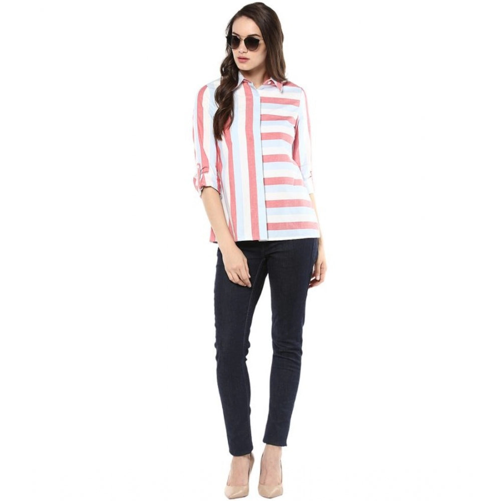 Women's Cotton Striped Roll Up Sleeve Regular Top (Red)