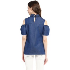 Women's Denim Solid Cold Shoulder Regular Top (Blue)