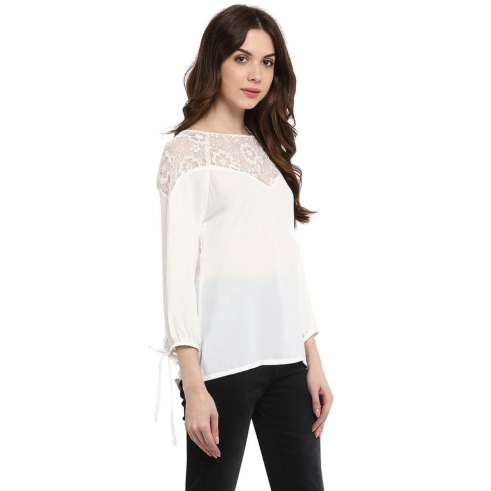 Women's Polyester Georgette Self Design 3-4th Sleeves Regular Top (White)