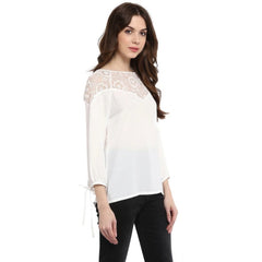 Women's Polyester Georgette Self Design 3-4th Sleeves Regular Top (White)