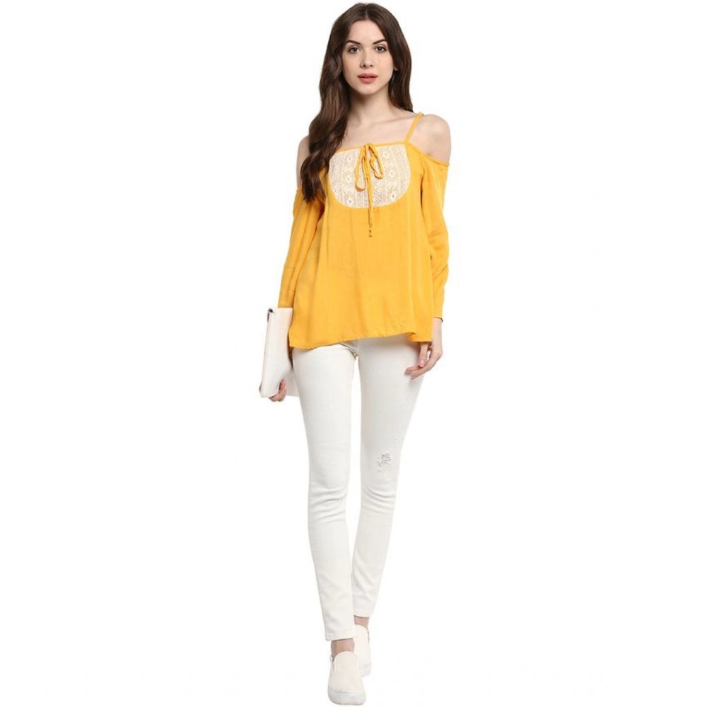 Women's Rayon Embellished Cold Shoulder Regular Top (Mustard Yellow)