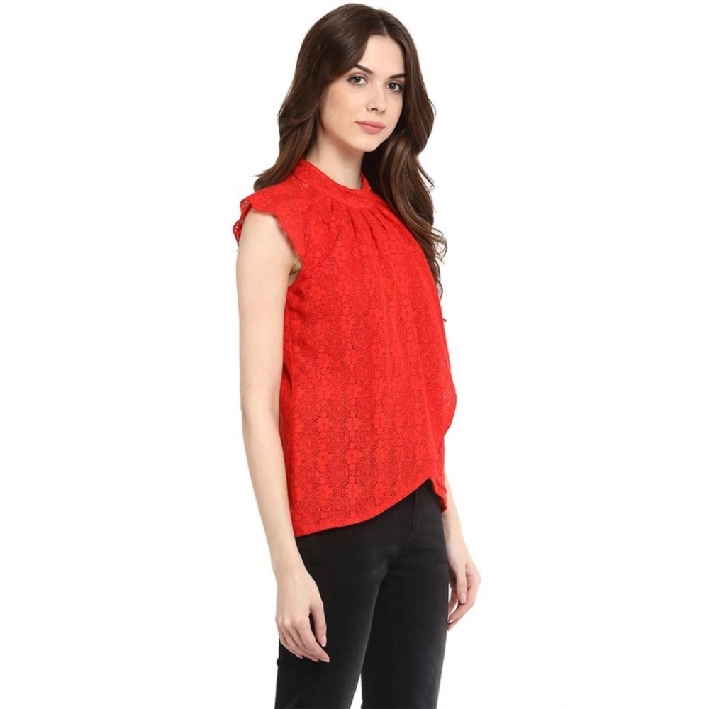 Women's Cotton Lace Embellished Cap Sleeve Regular Top (Red)