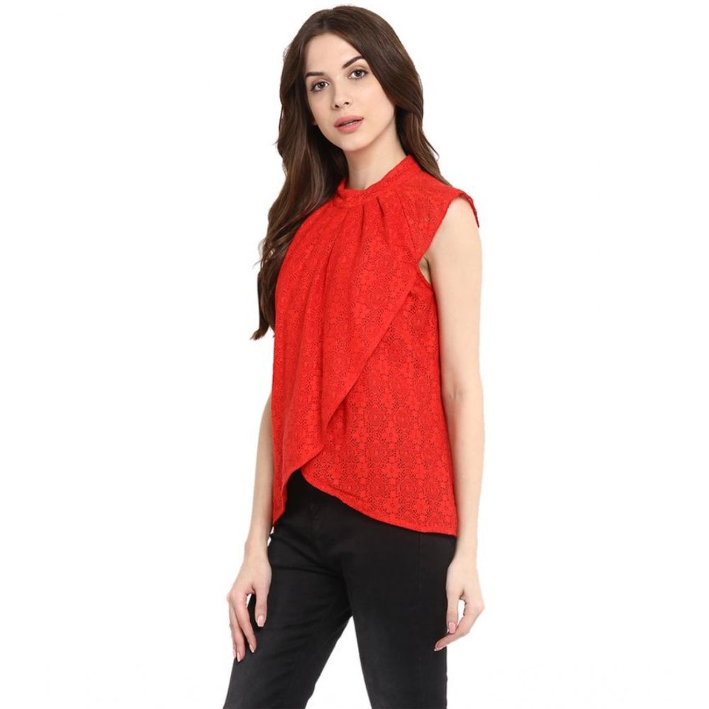 Women's Cotton Lace Embellished Cap Sleeve Regular Top (Red)